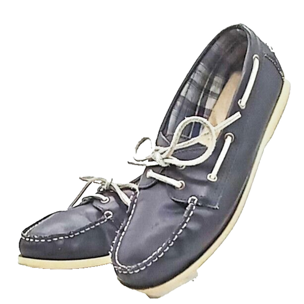 Bass Women's Navy Blue Boat Shoes 2 Eye Moc Toe White Lace Loafers Size 9.5M